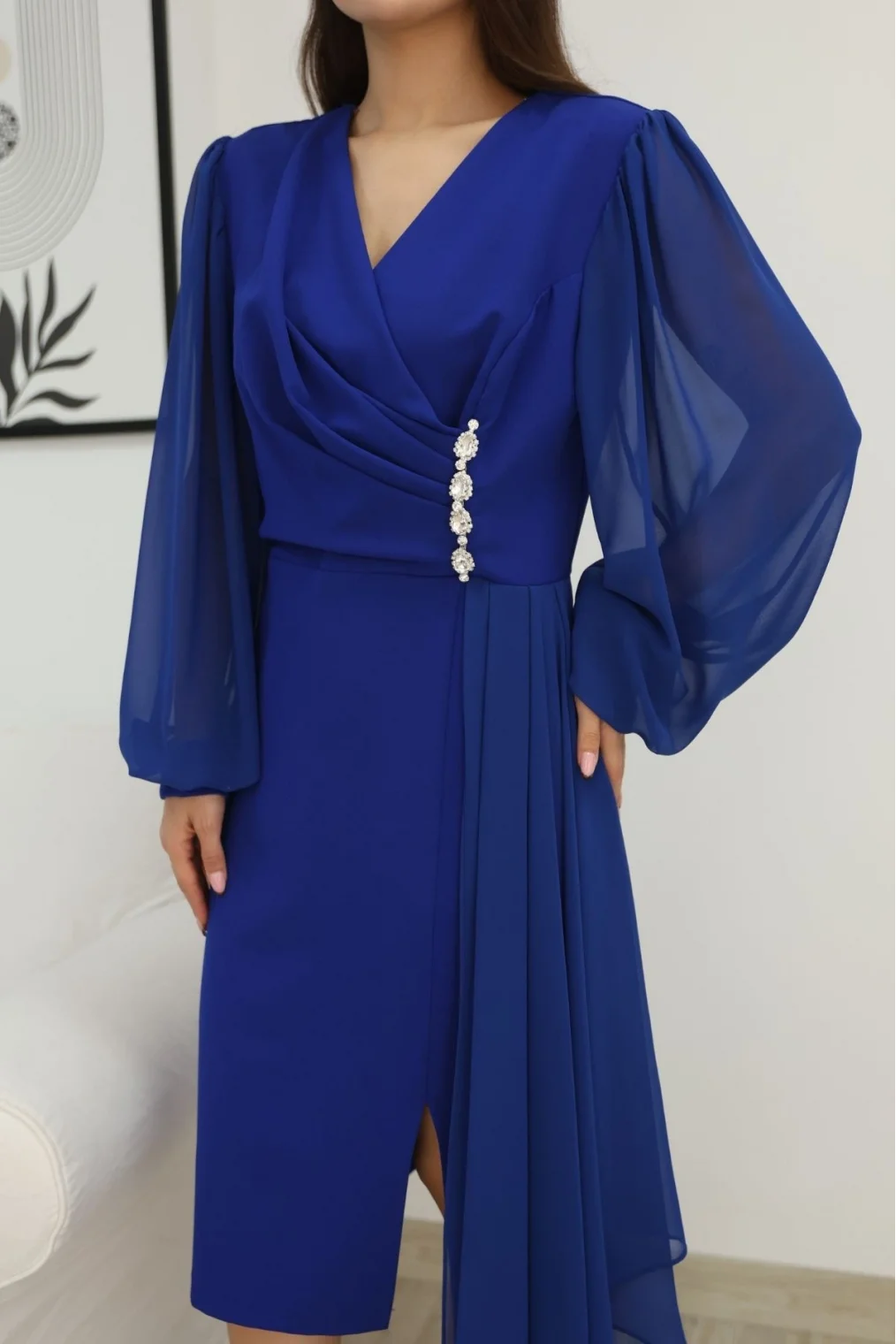 Kruvaze Yaka Bel Şifon Detaylı Balon Kol Abiye Elbise 2263-Saks