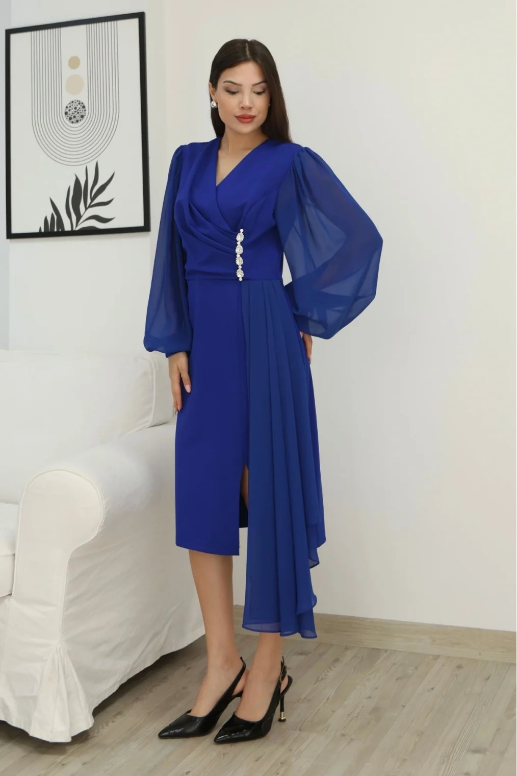 Kruvaze Yaka Bel Şifon Detaylı Balon Kol Abiye Elbise 2263-Saks