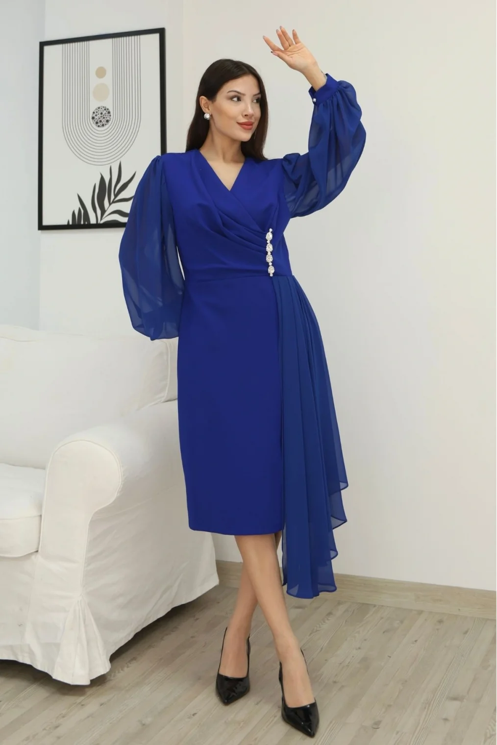 Kruvaze Yaka Bel Şifon Detaylı Balon Kol Abiye Elbise 2263-Saks