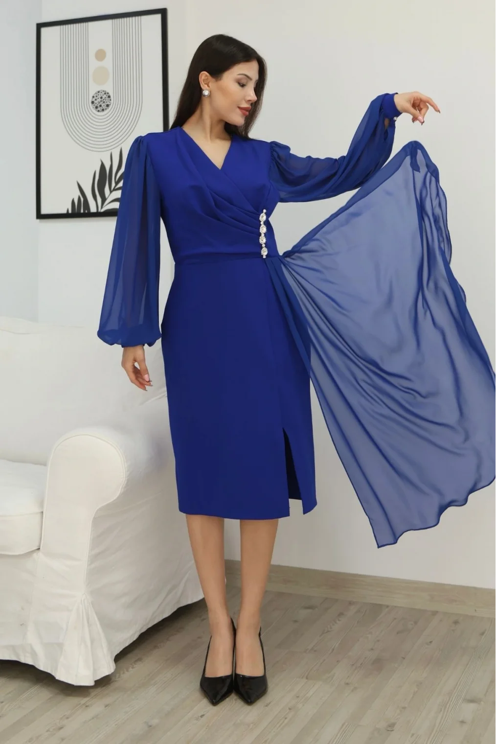 Kruvaze Yaka Bel Şifon Detaylı Balon Kol Abiye Elbise 2263-Saks