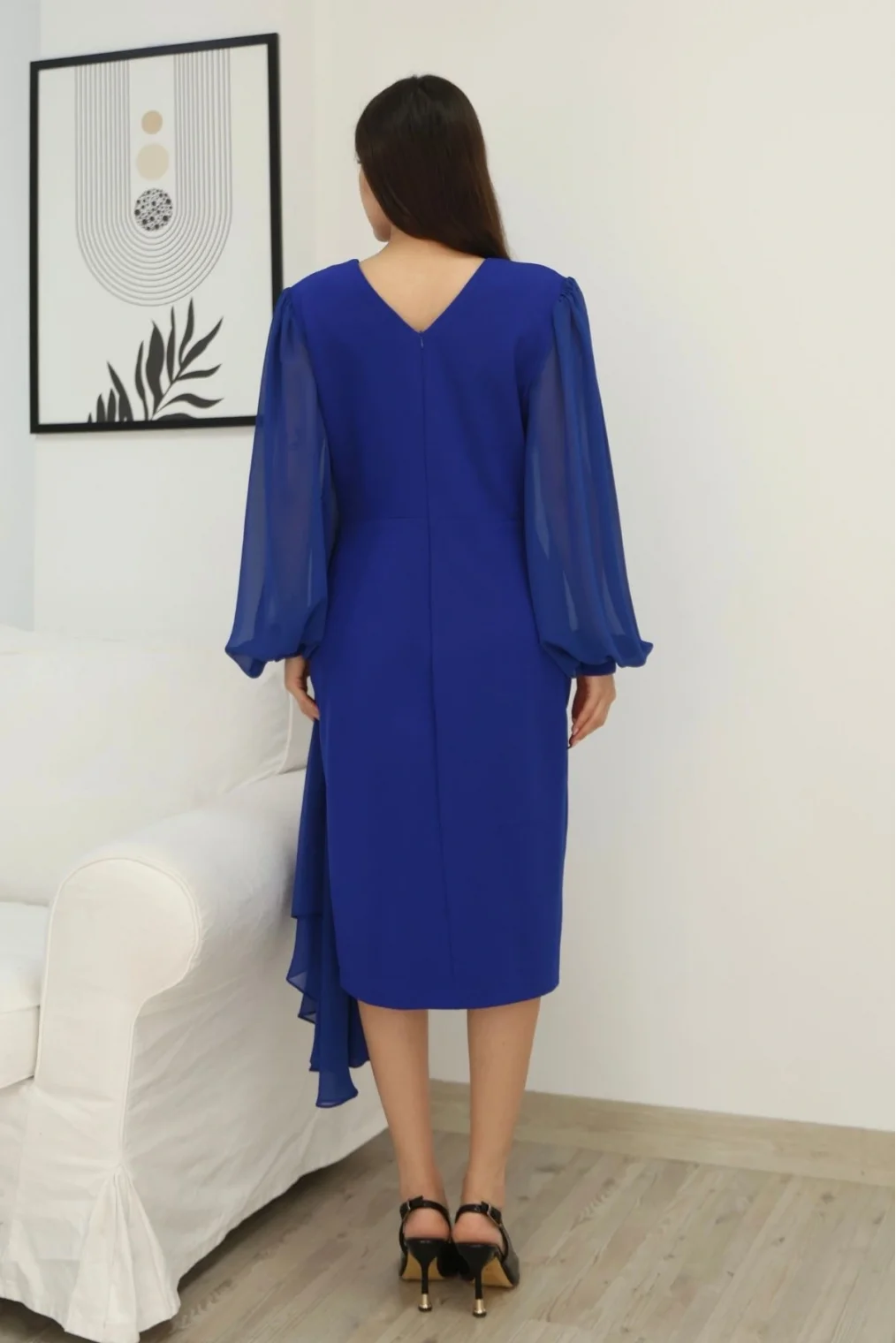 Kruvaze Yaka Bel Şifon Detaylı Balon Kol Abiye Elbise 2263-Saks