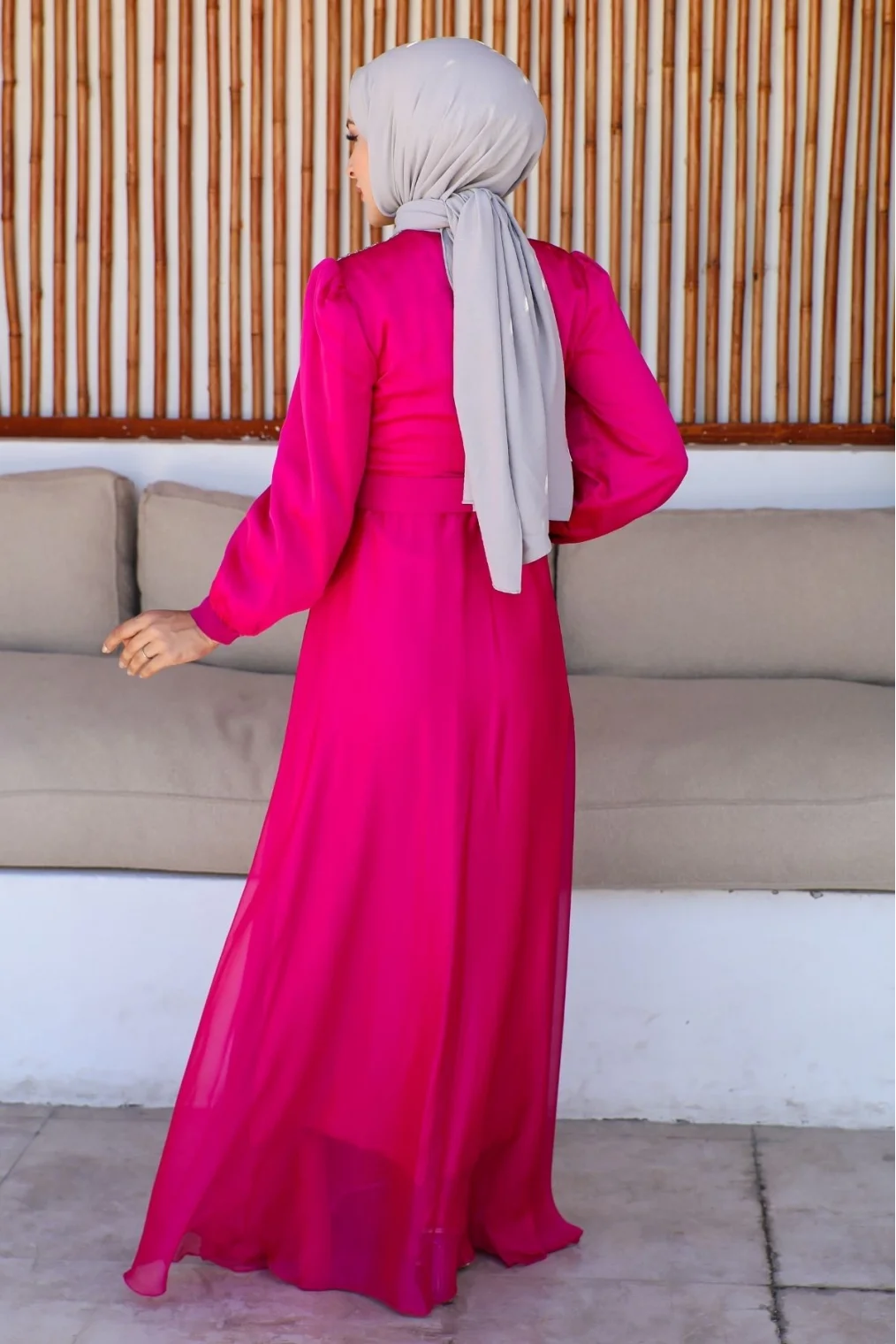 Kruvaze Yaka Bocuk İşlemeli Tesettür Elbise 745-Fuşya