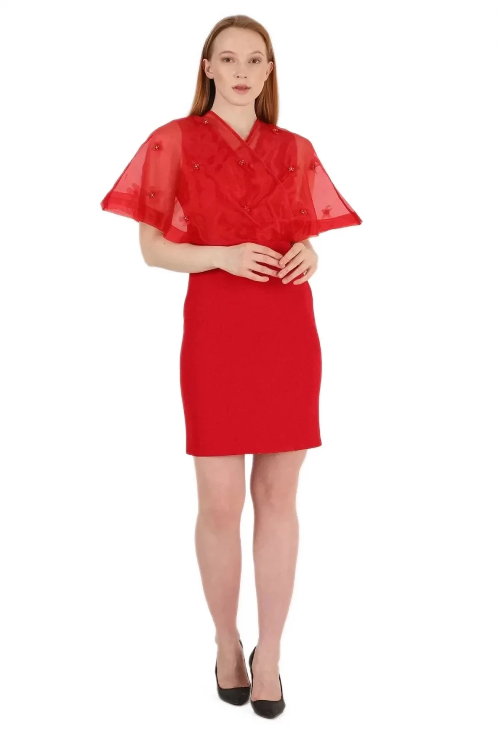 Kruvaze Yaka İnci İşlemeli Elbise 2203-Kırmızı