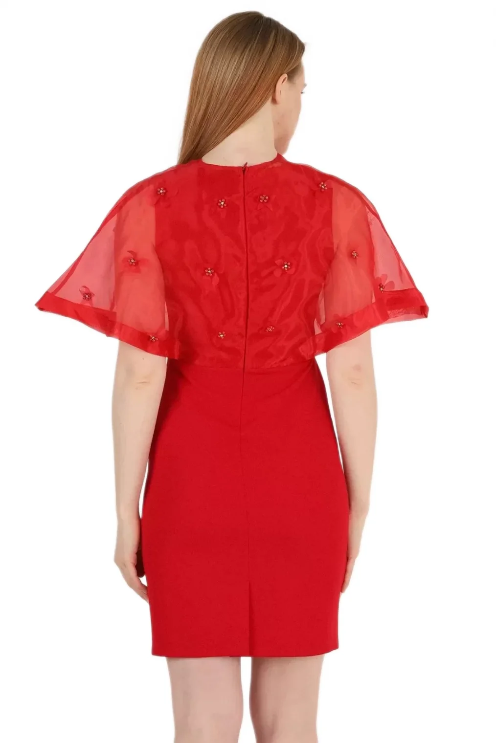 Kruvaze Yaka İnci İşlemeli Elbise 2203-Kırmızı