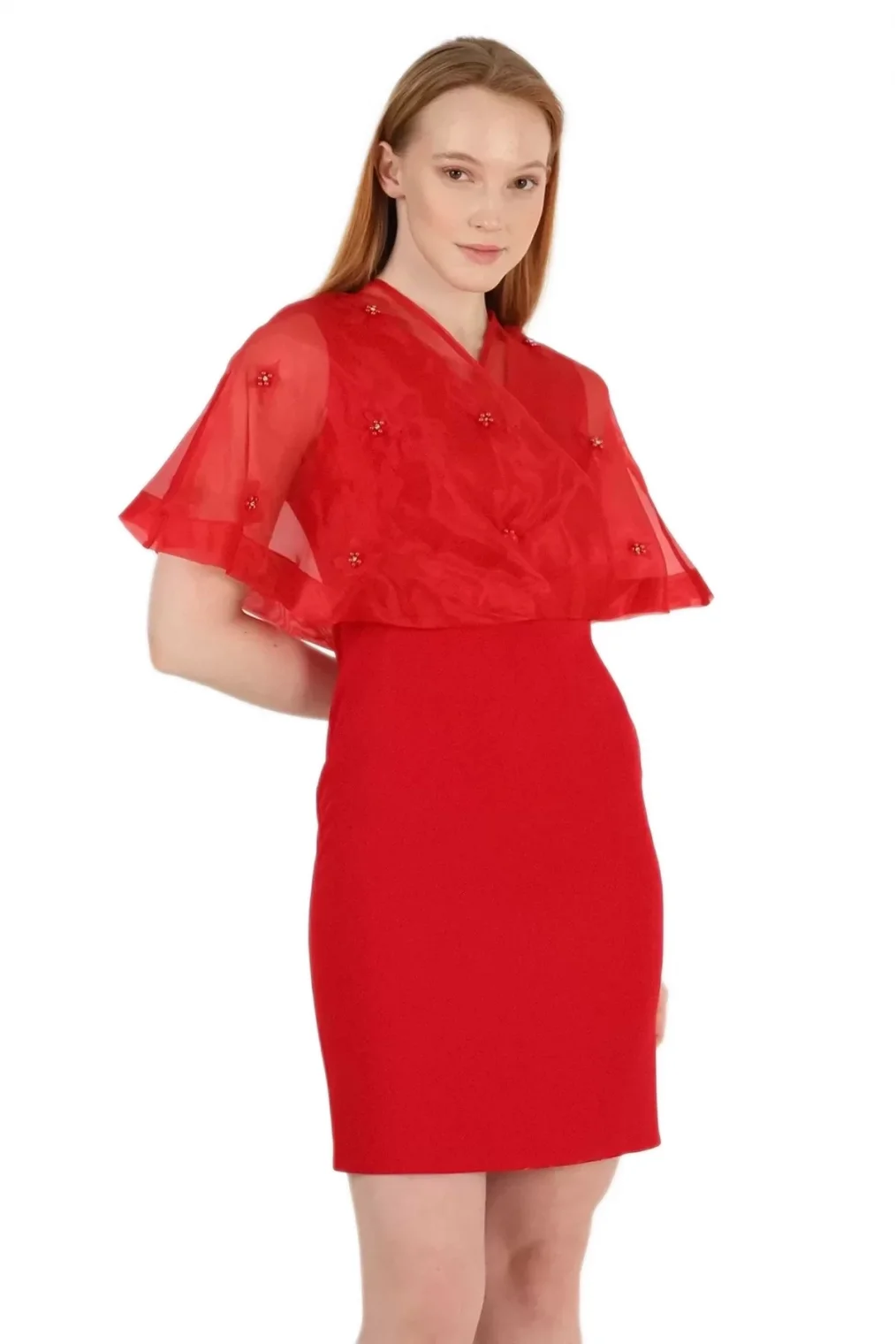 Kruvaze Yaka İnci İşlemeli Elbise 2203-Kırmızı