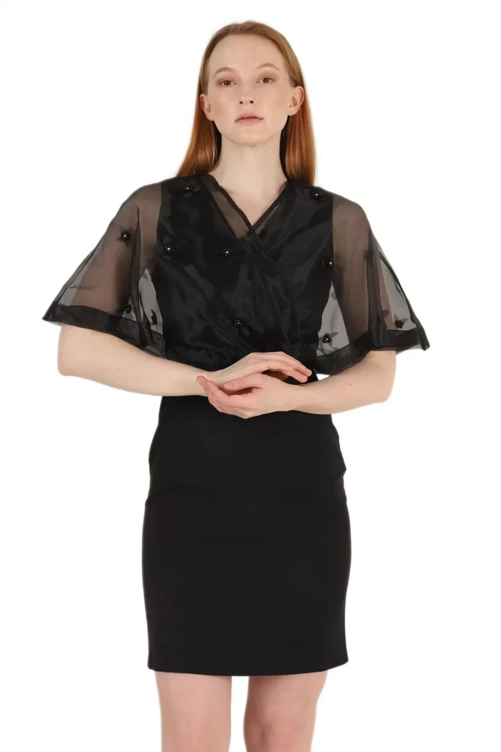 Kruvaze Yaka İnci İşlemeli Elbise 2203-Siyah