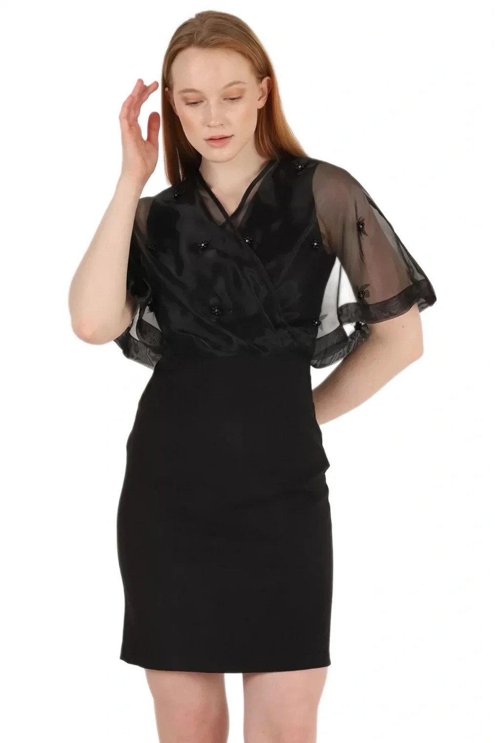 Kruvaze Yaka İnci İşlemeli Elbise 2203-Siyah