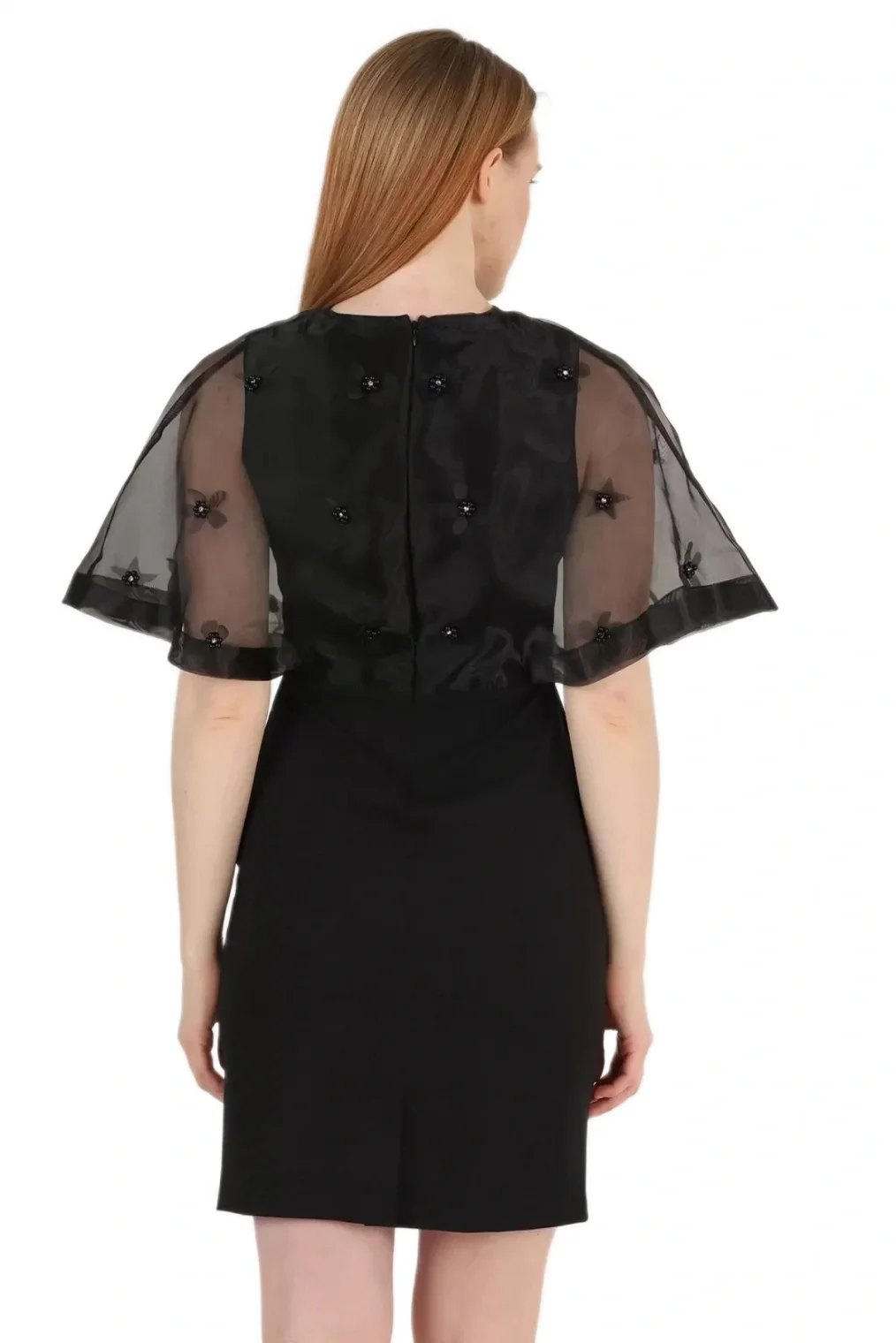 Kruvaze Yaka İnci İşlemeli Elbise 2203-Siyah