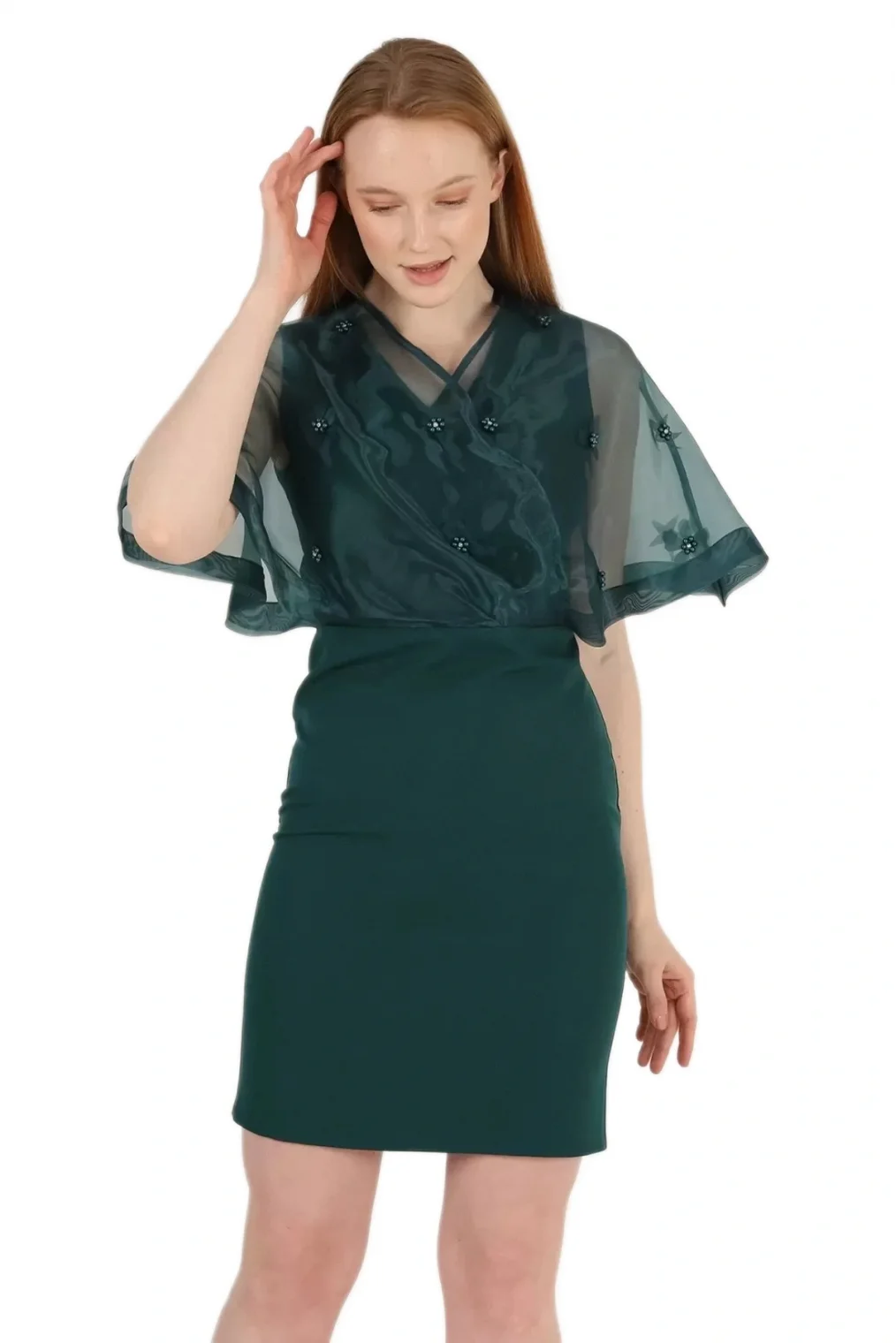 Kruvaze Yaka İnci İşlemeli Elbise 2203-Yeşil