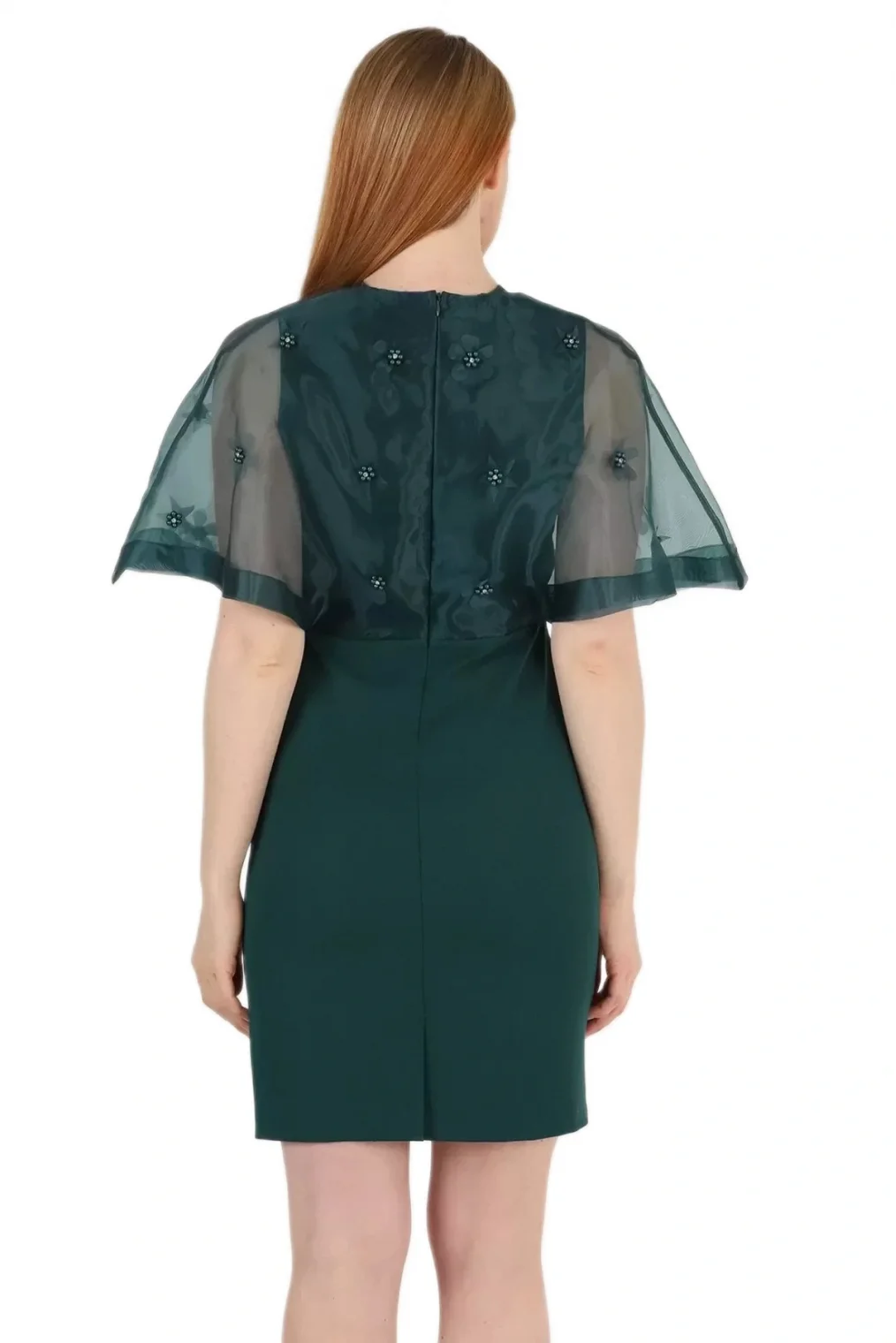 Kruvaze Yaka İnci İşlemeli Elbise 2203-Yeşil