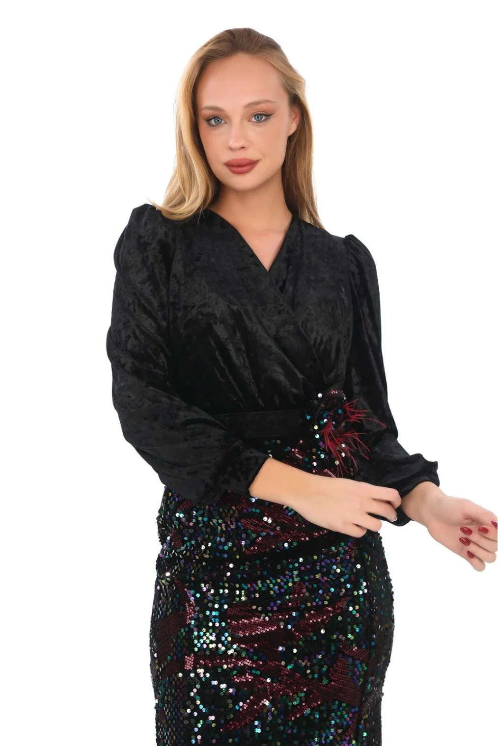 Kruvaze Yaka Payetli Kadife Elbise 2750-Siyah/Bordo