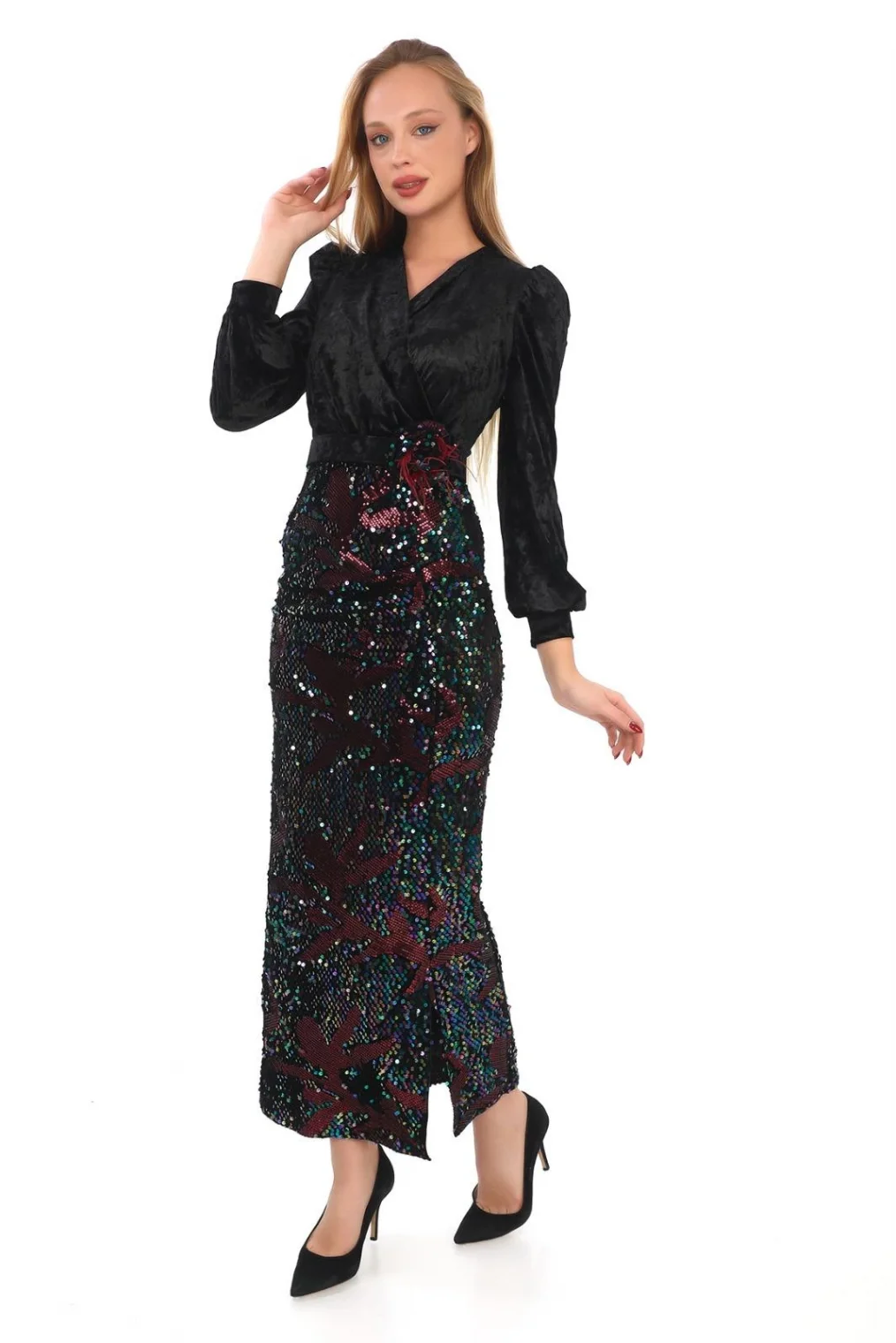 Kruvaze Yaka Payetli Kadife Elbise 2750-Siyah/Bordo