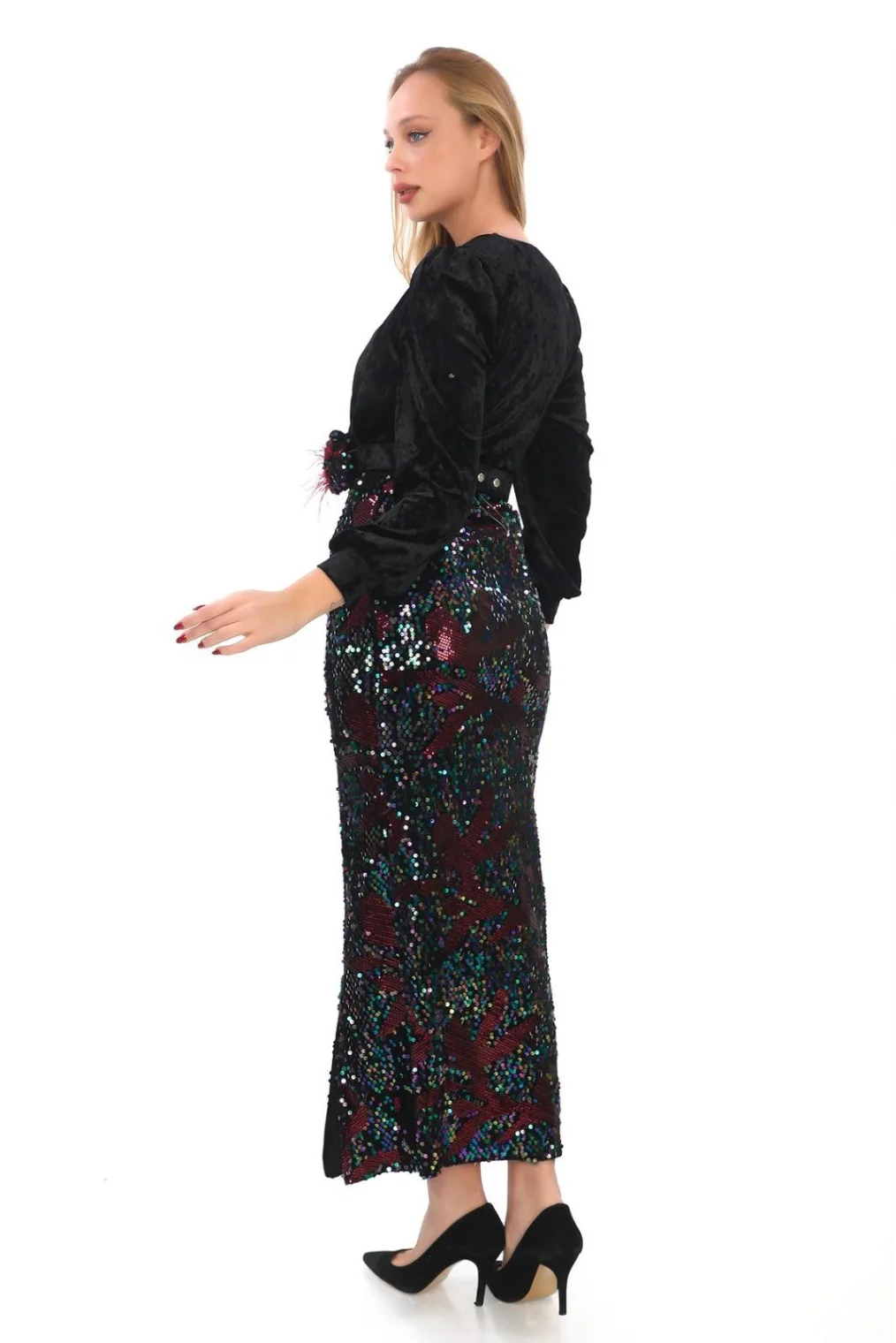 Kruvaze Yaka Payetli Kadife Elbise 2750-Siyah/Bordo