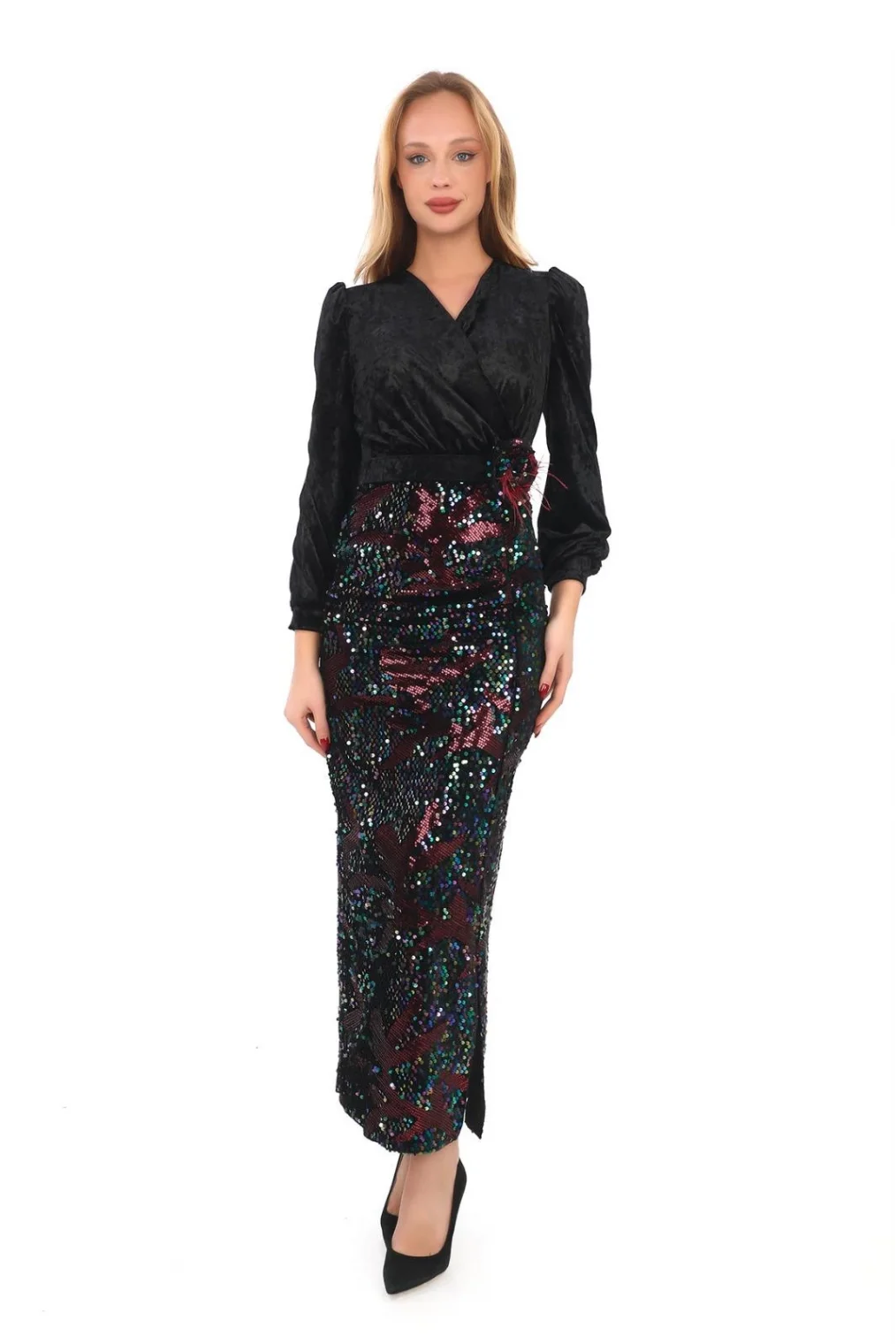 Kruvaze Yaka Payetli Kadife Elbise 2750-Siyah/Bordo