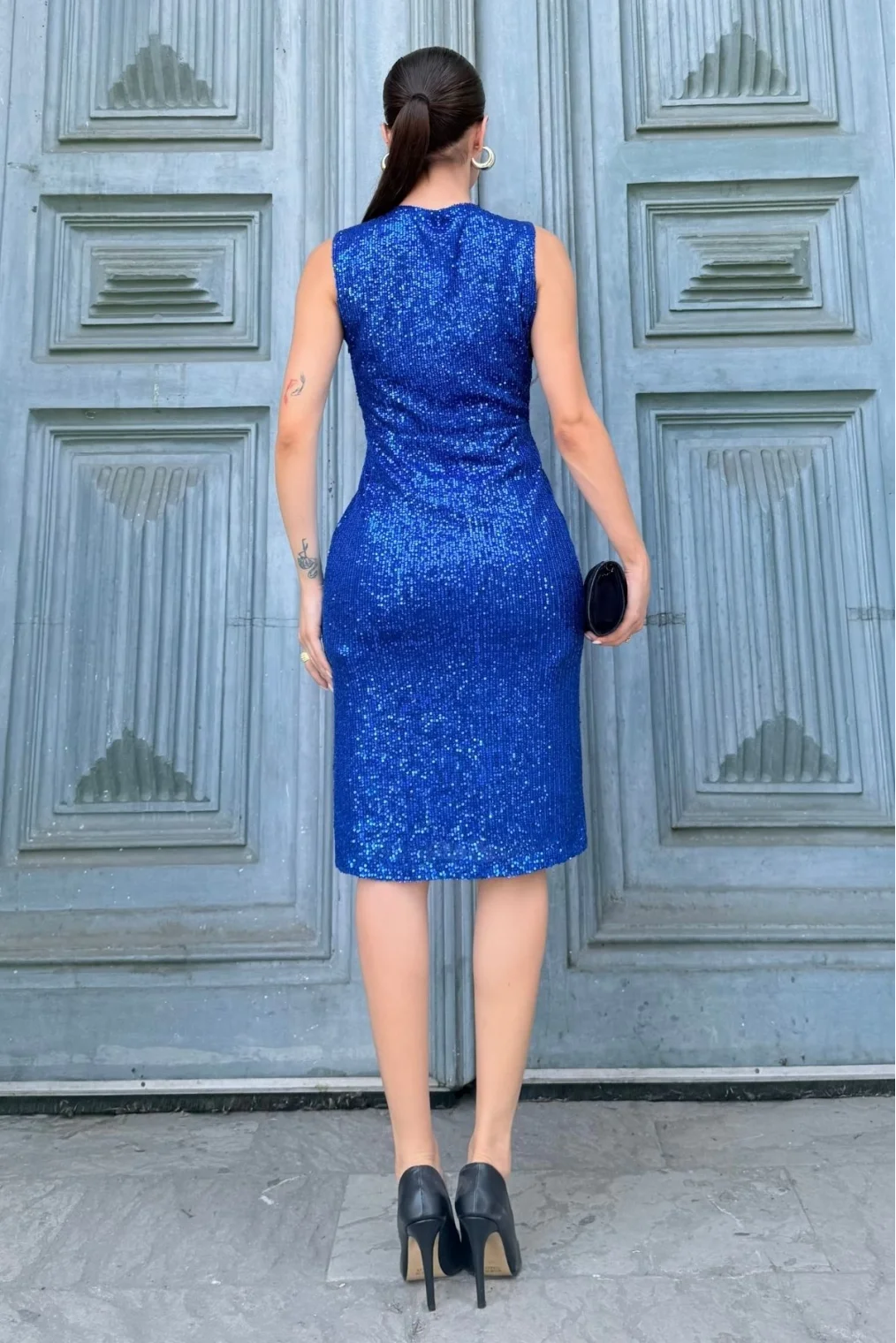 Kruvaze Yaka Payetli Midi Elbise 6031-Gece Mavisi