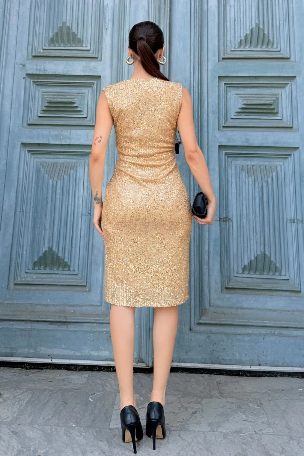 Kruvaze Yaka Payetli Midi Elbise 6031-Gold