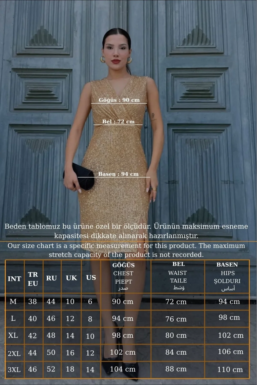 Kruvaze Yaka Payetli Midi Elbise 6031-Gold