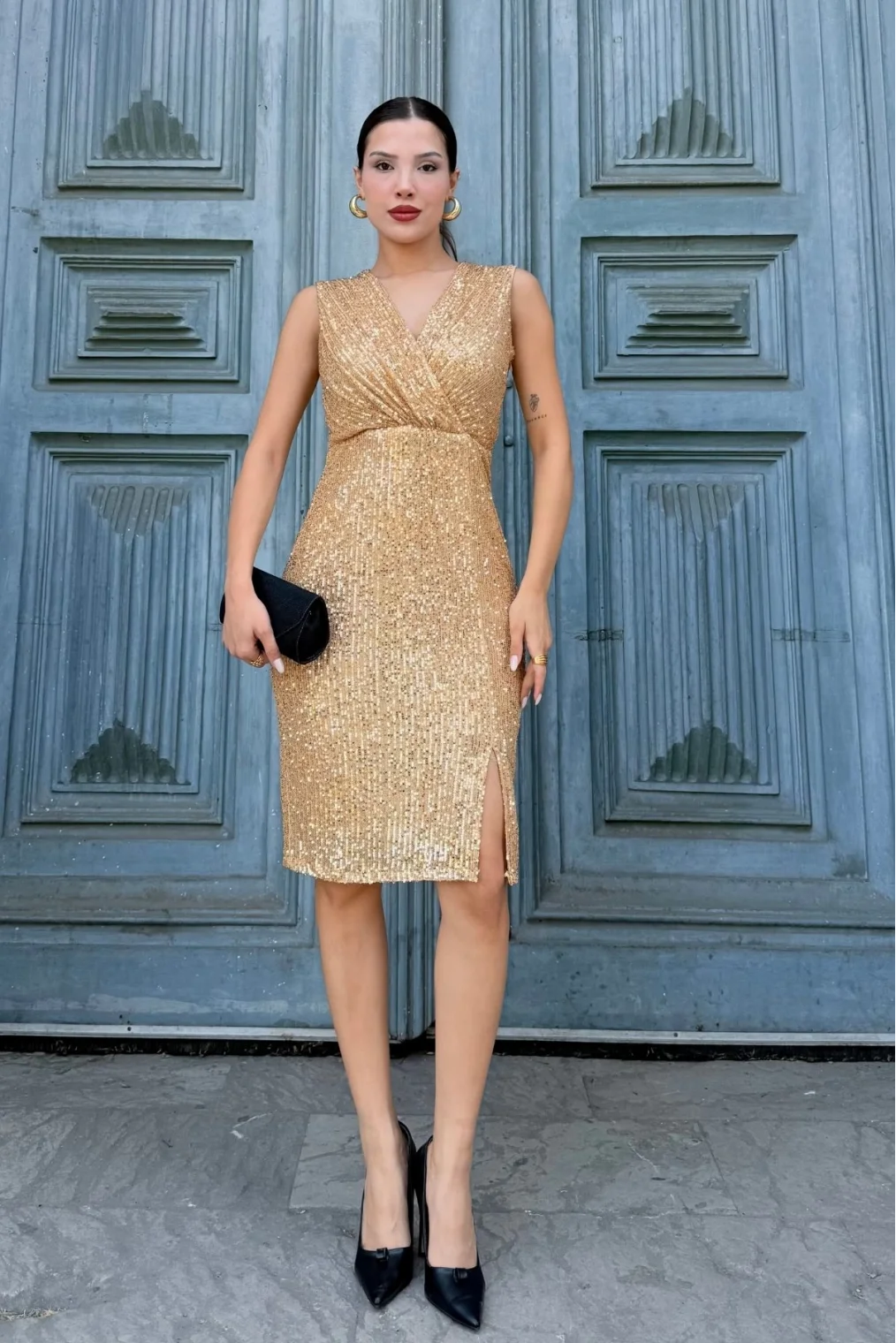 Kruvaze Yaka Payetli Midi Elbise 6031-Gold