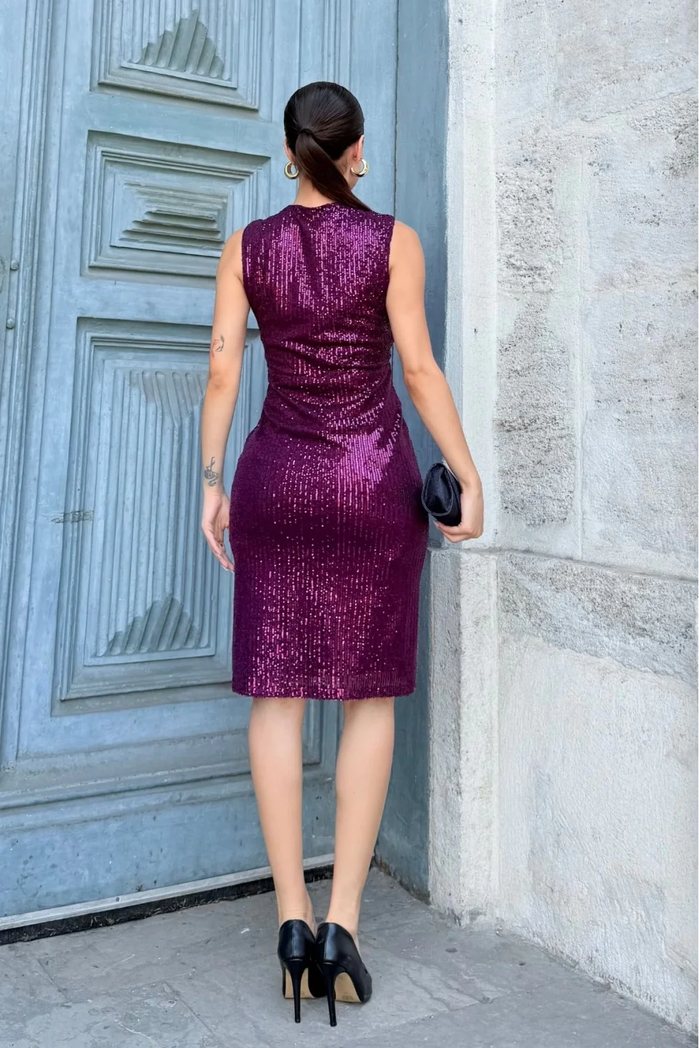 Kruvaze Yaka Payetli Midi Elbise 6031-Mürdüm