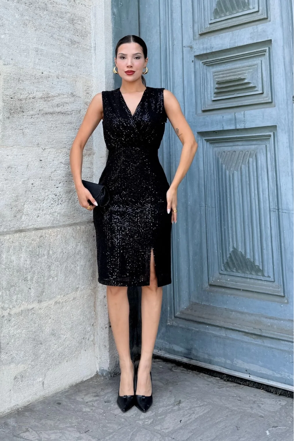 Kruvaze Yaka Payetli Midi Elbise 6031-Siyah