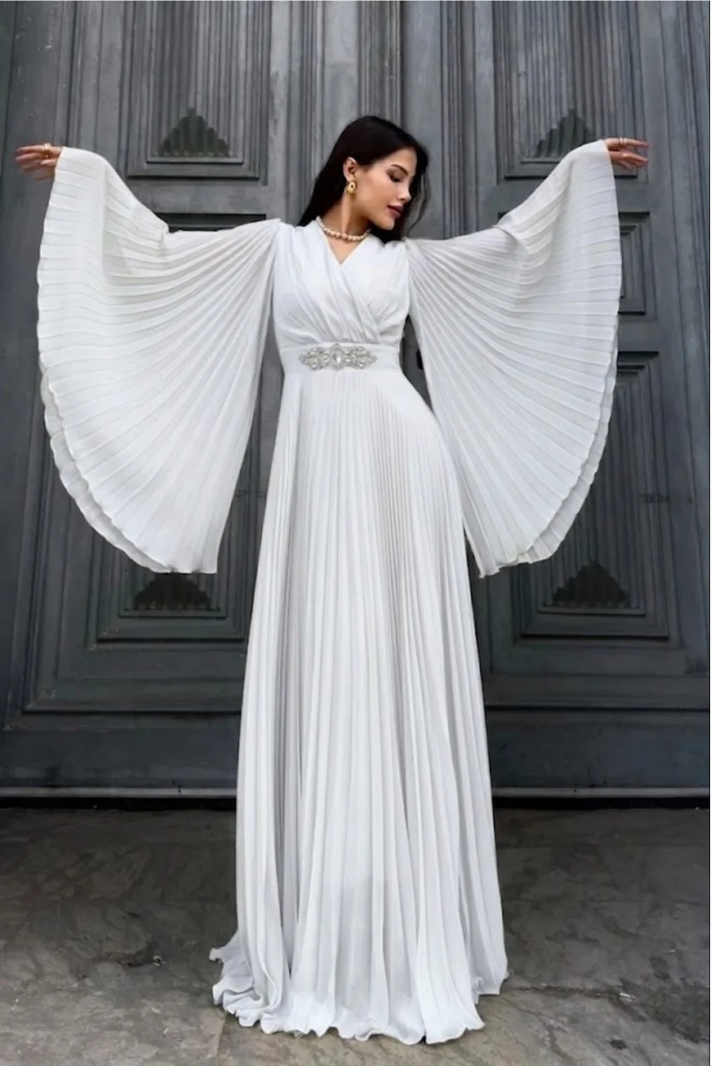 Kruvaze Yaka Yarasa Kol Pliseli Abiye Elbise 2235-Beyaz