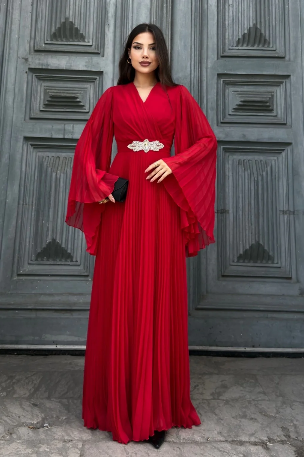 Kruvaze Yaka Yarasa Kol Pliseli Abiye Elbise 2235-Kırmızı