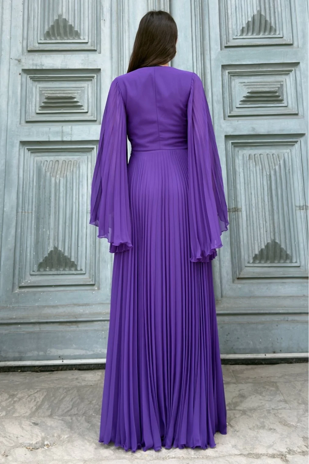 Kruvaze Yaka Yarasa Kol Pliseli Abiye Elbise 2235-Mor