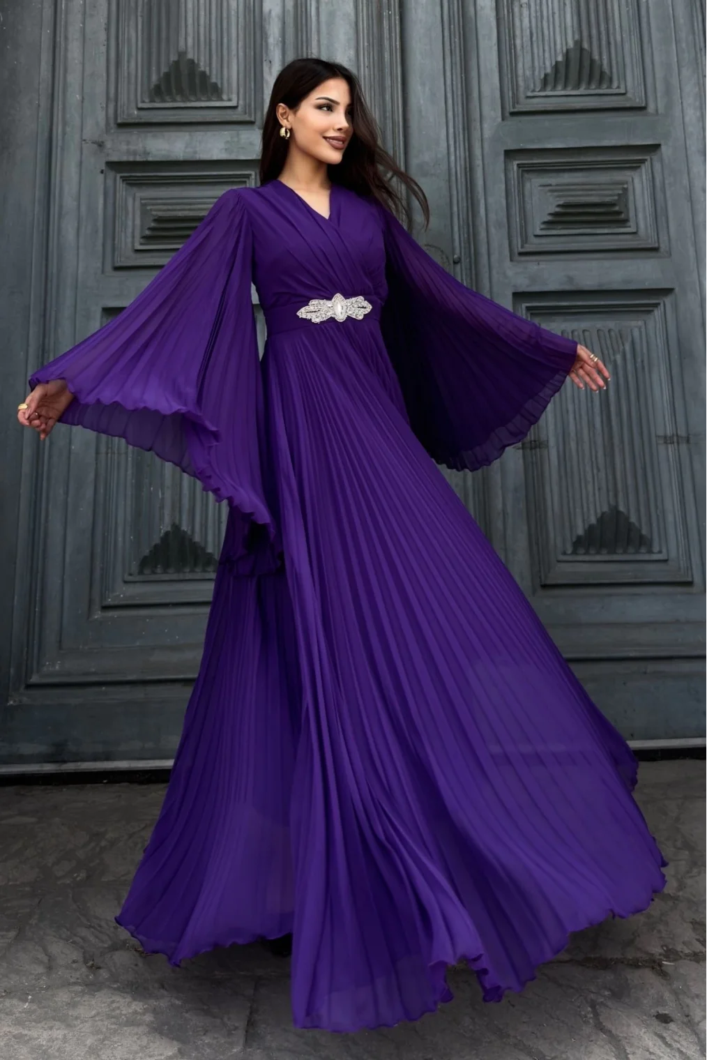 Kruvaze Yaka Yarasa Kol Pliseli Abiye Elbise 2235-Mor