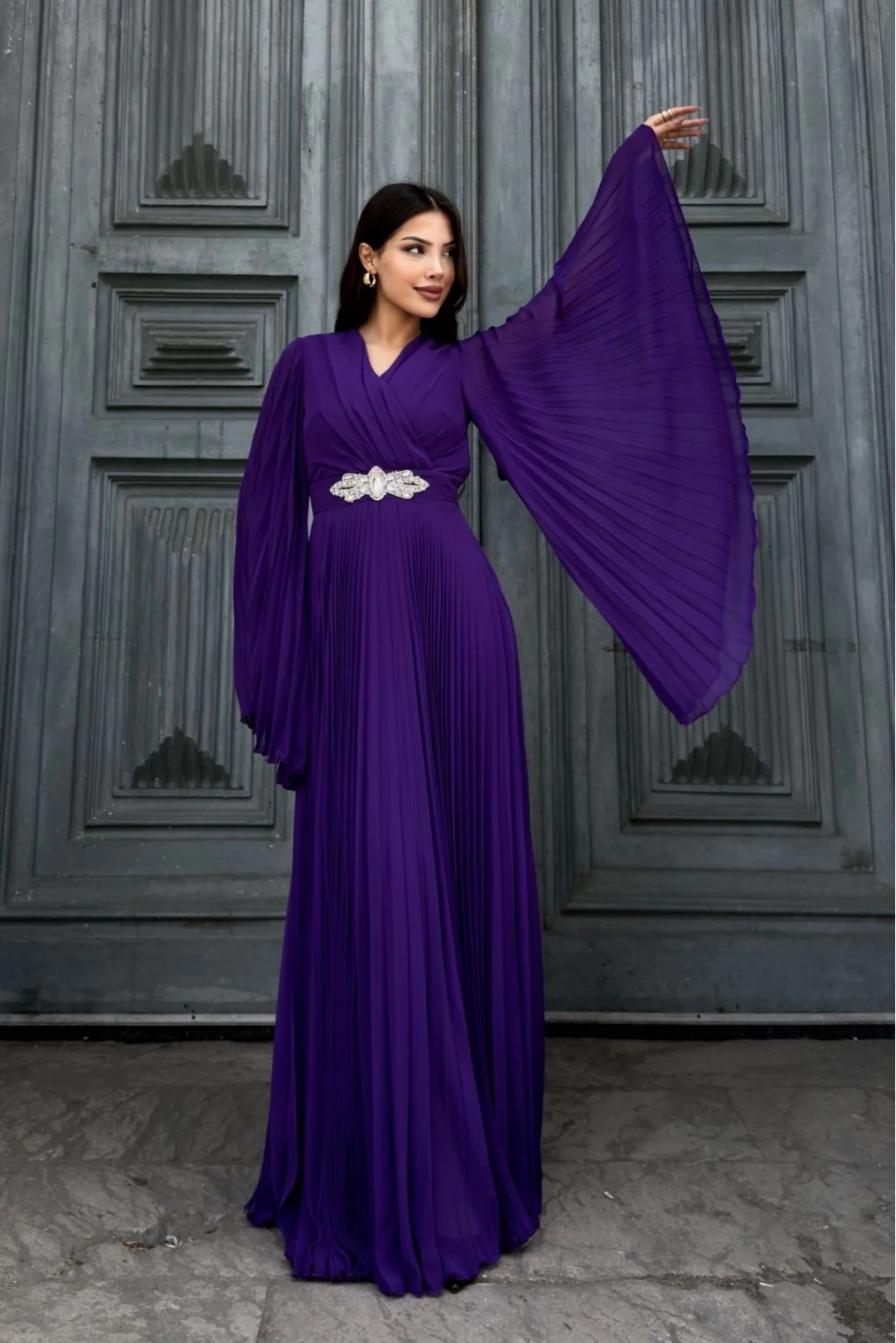 Kruvaze Yaka Yarasa Kol Pliseli Abiye Elbise 2235-Mor