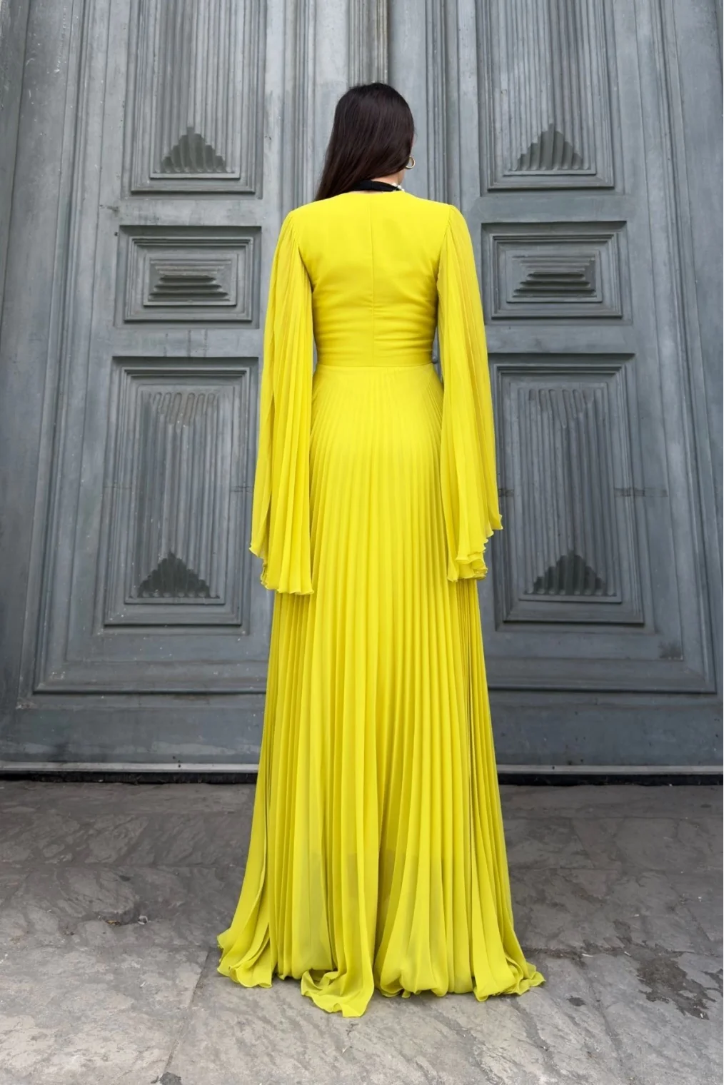 Kruvaze Yaka Yarasa Kol Pliseli Abiye Elbise 2235-Olive