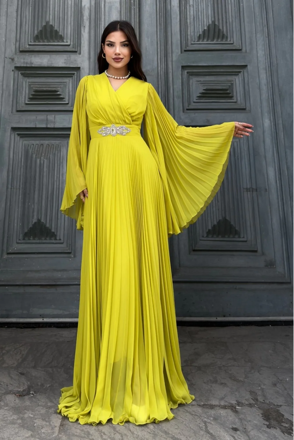 Kruvaze Yaka Yarasa Kol Pliseli Abiye Elbise 2235-Olive