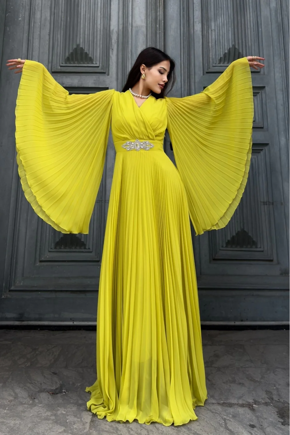 Kruvaze Yaka Yarasa Kol Pliseli Abiye Elbise 2235-Olive