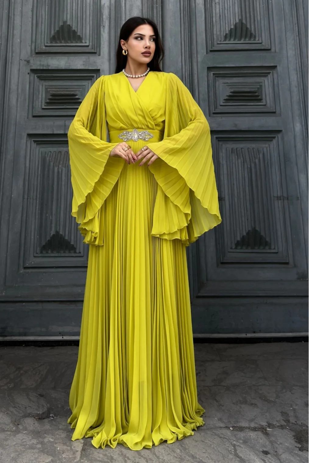 Kruvaze Yaka Yarasa Kol Pliseli Abiye Elbise 2235-Olive