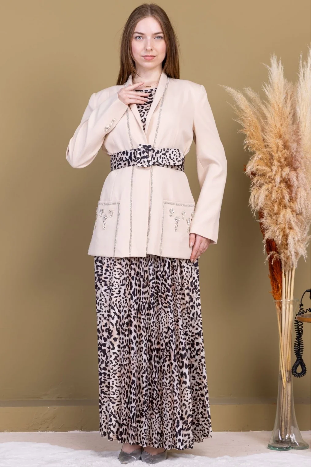 Leopar Desenli Ceketli Üçlü Takım 4715-Bej