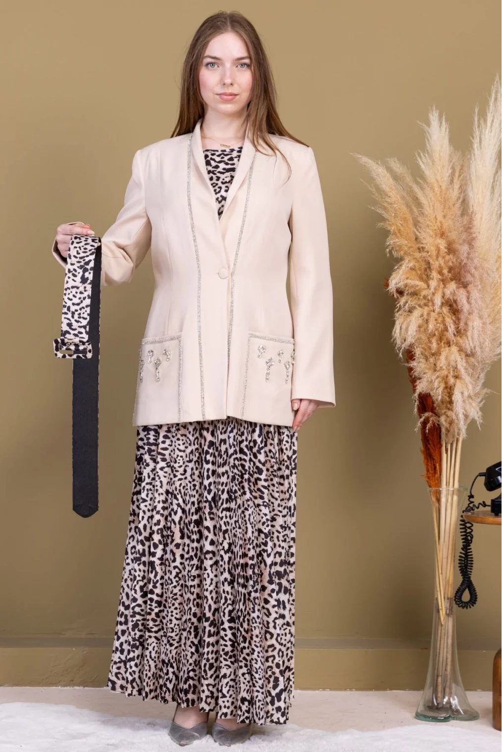 Leopar Desenli Ceketli Üçlü Takım 4715-Bej