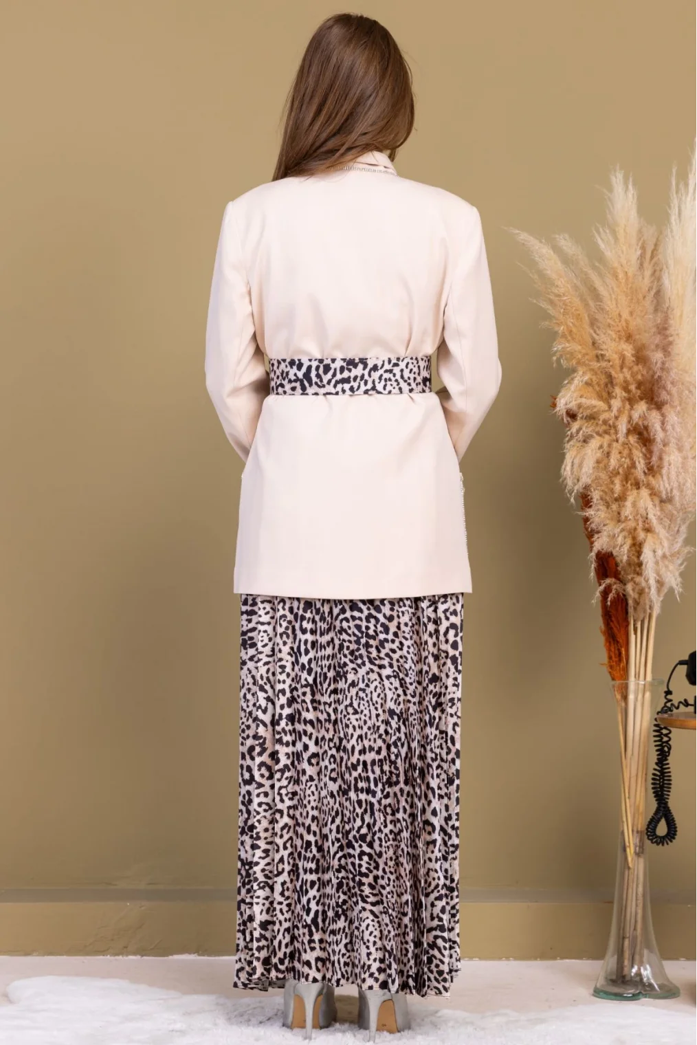 Leopar Desenli Ceketli Üçlü Takım 4715-Bej