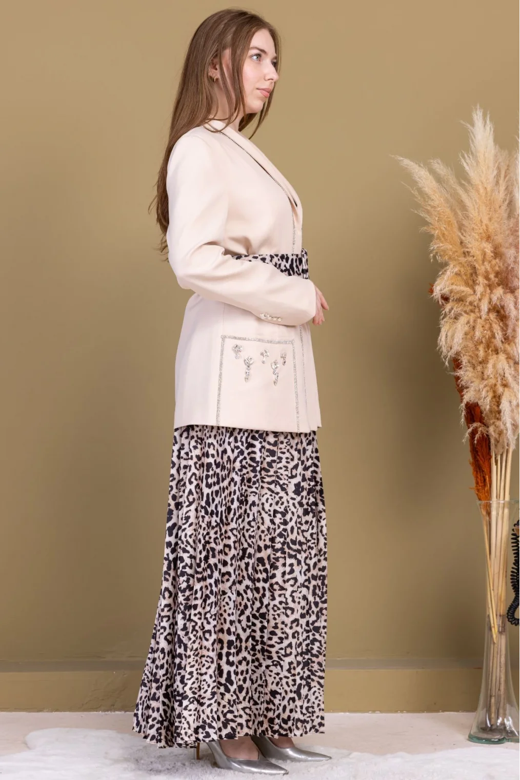 Leopar Desenli Ceketli Üçlü Takım 4715-Bej