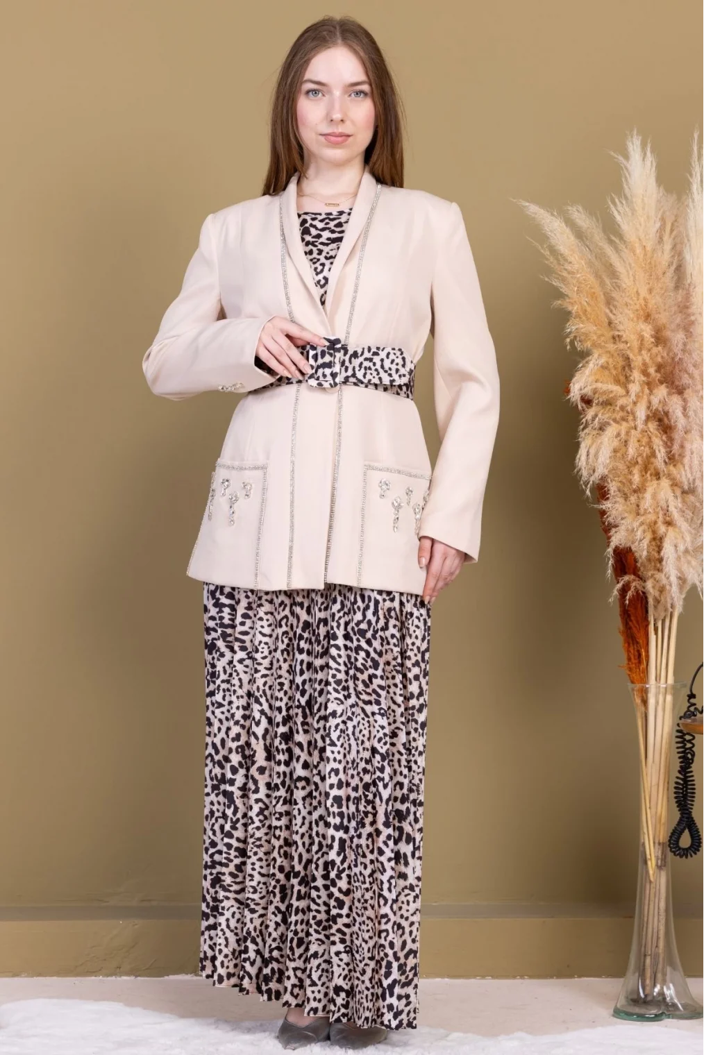 Leopar Desenli Ceketli Üçlü Takım 4715-Bej