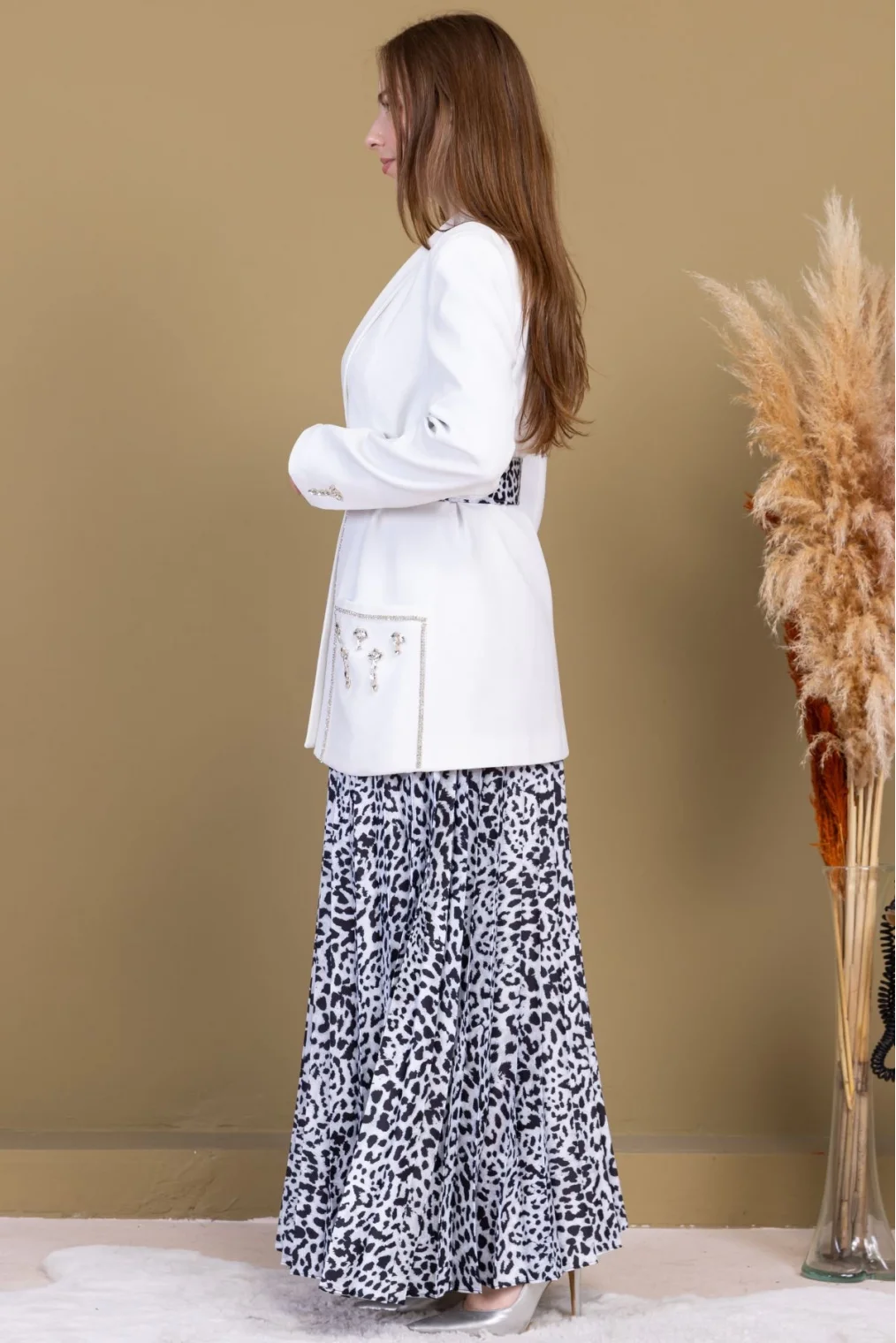 Leopar Desenli Ceketli Üçlü Takım 4715-Beyaz