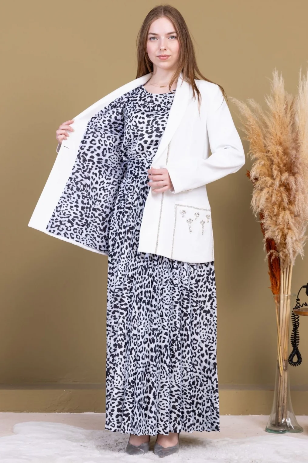 Leopar Desenli Ceketli Üçlü Takım 4715-Beyaz