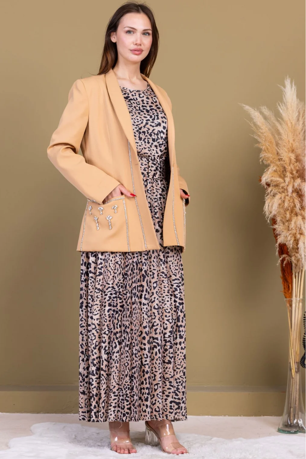 Leopar Desenli Ceketli Üçlü Takım 4715-Camel