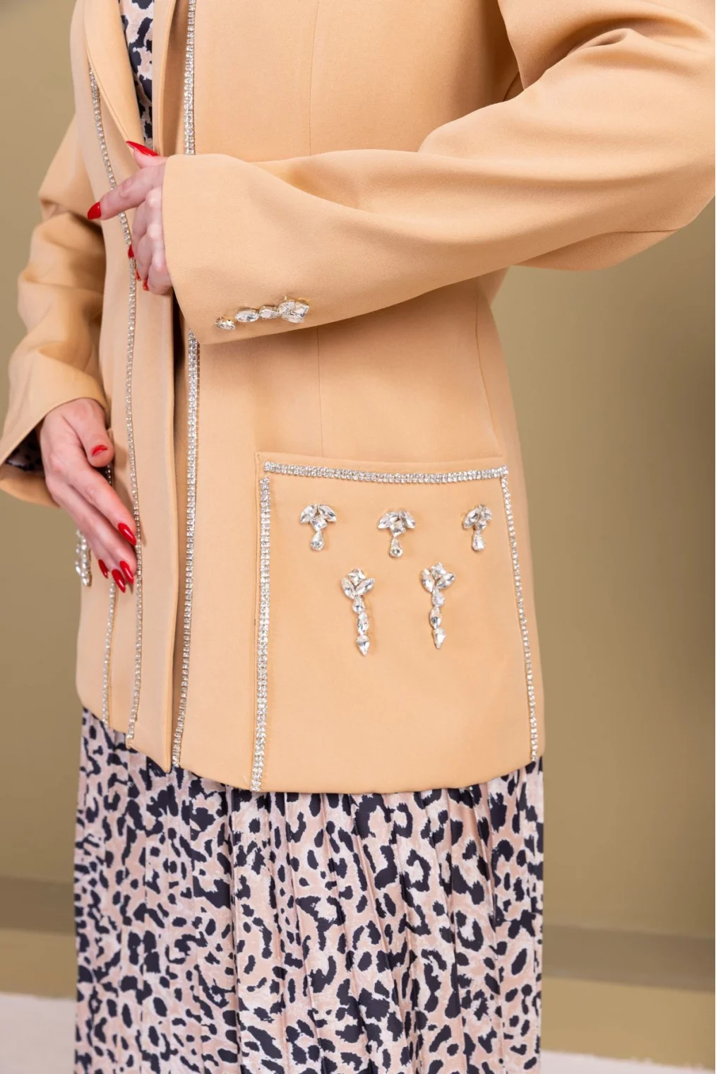 Leopar Desenli Ceketli Üçlü Takım 4715-Camel