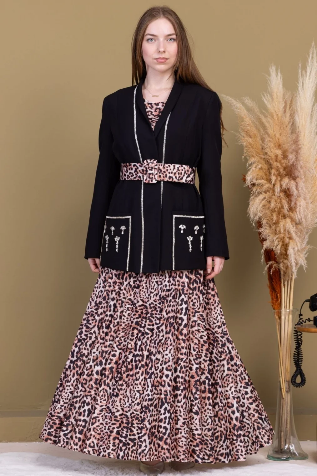 Leopar Desenli Ceketli Üçlü Takım 4715-Siyah