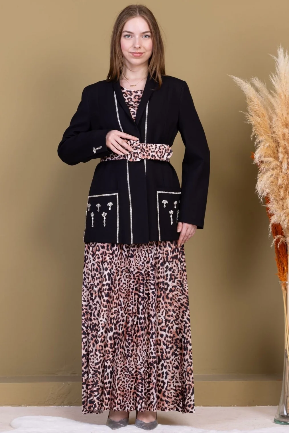 Leopar Desenli Ceketli Üçlü Takım 4715-Siyah