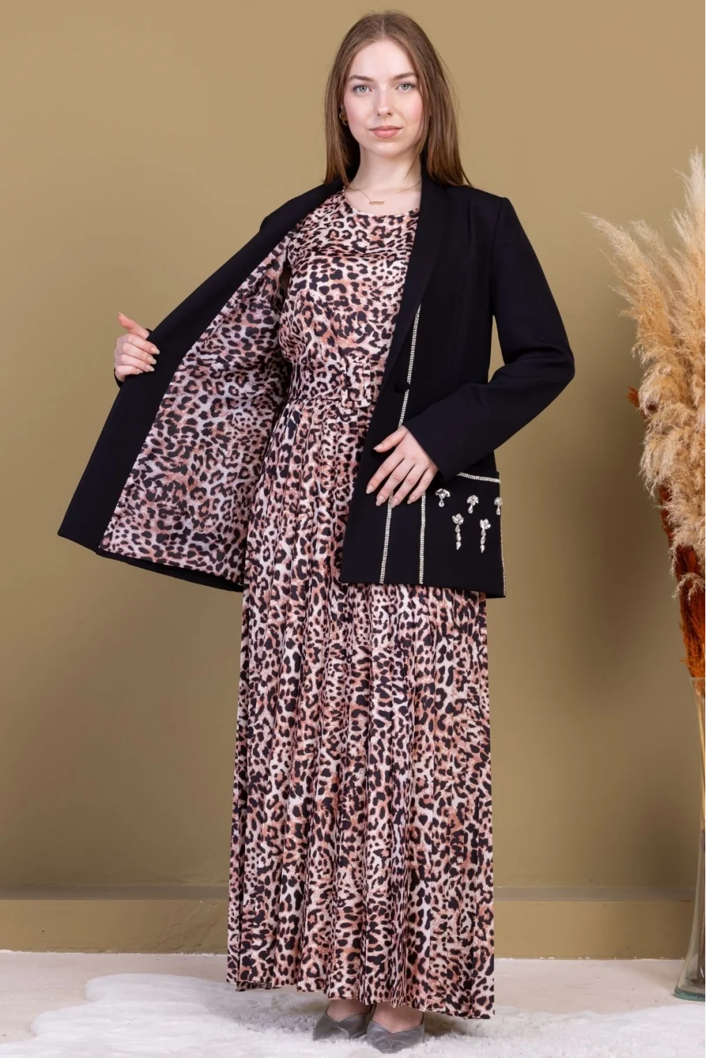 Leopar Desenli Ceketli Üçlü Takım 4715-Siyah