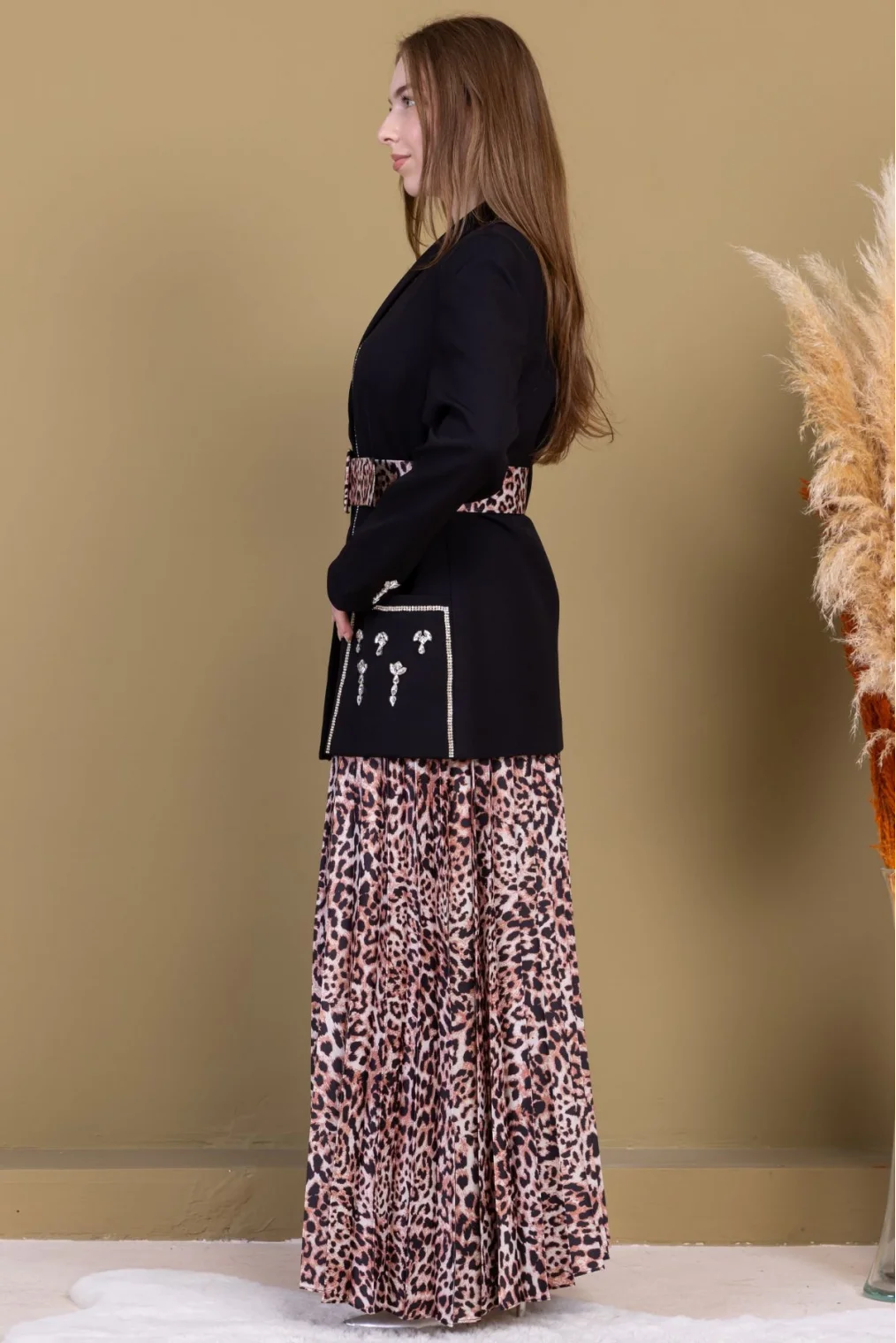 Leopar Desenli Ceketli Üçlü Takım 4715-Siyah