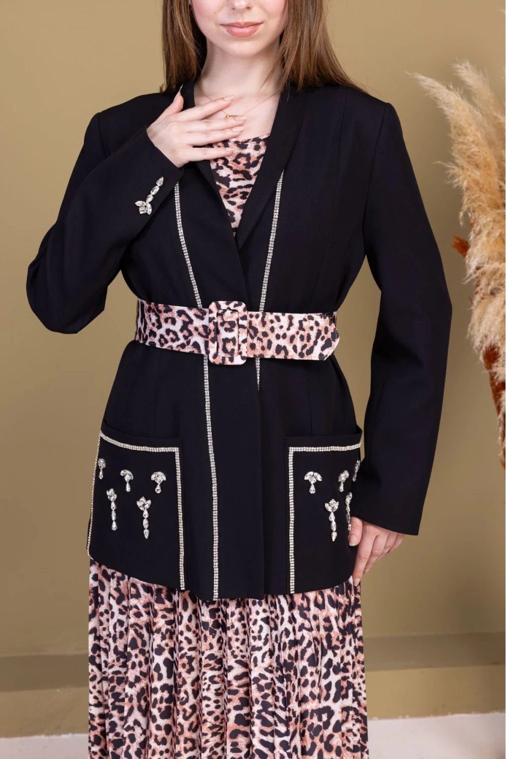 Leopar Desenli Ceketli Üçlü Takım 4715-Siyah