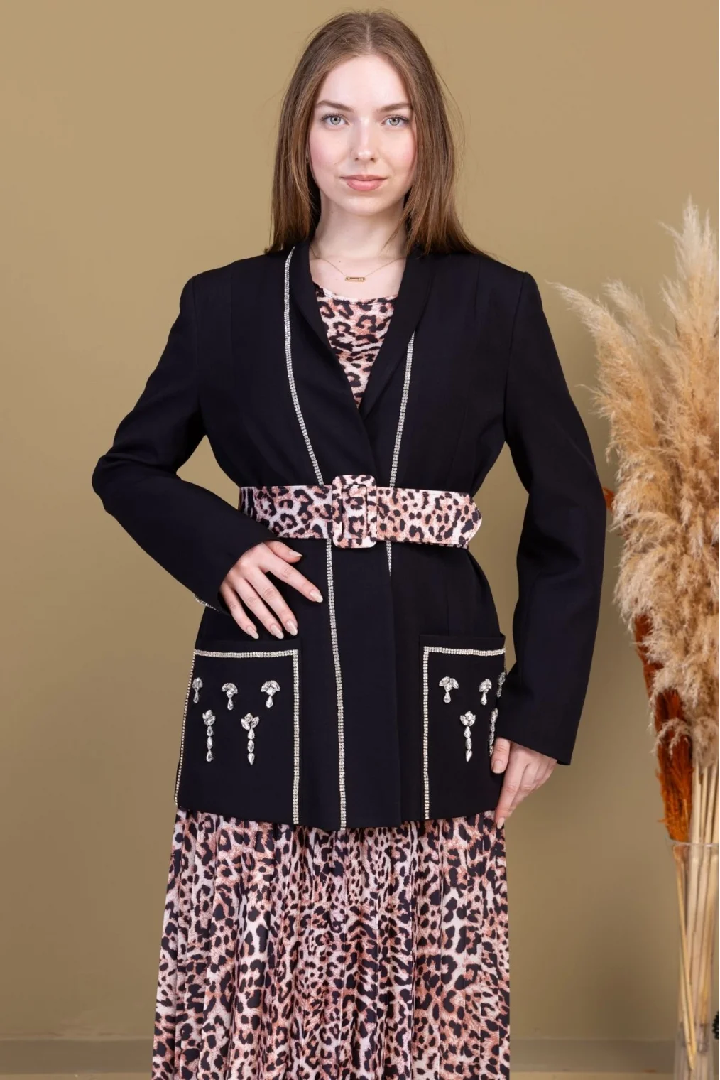 Leopar Desenli Ceketli Üçlü Takım 4715-Siyah