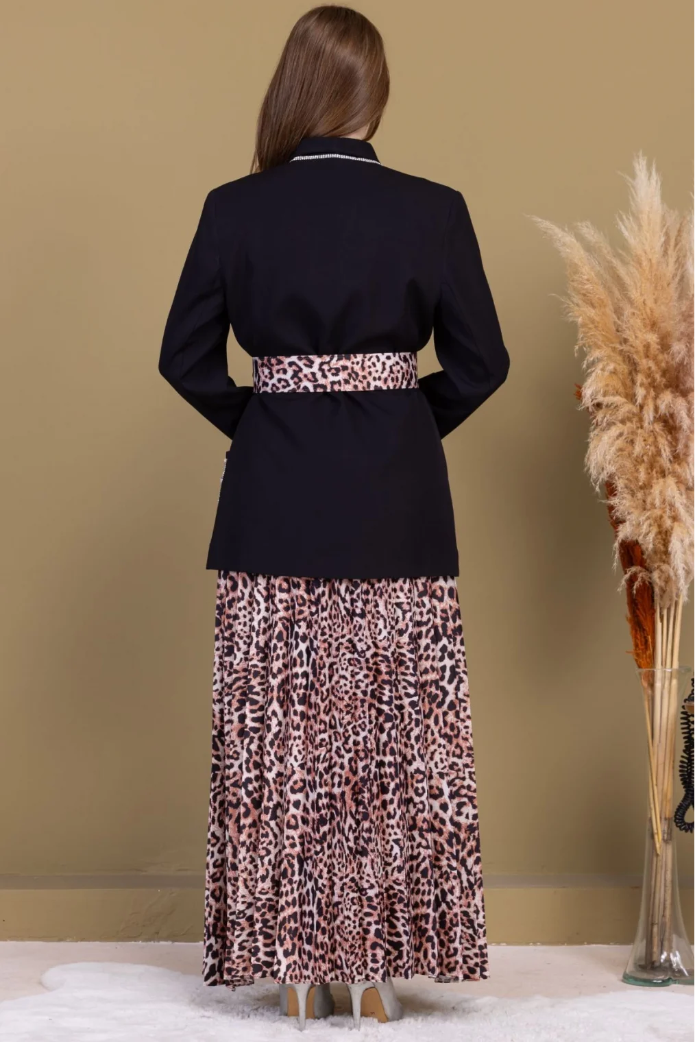 Leopar Desenli Ceketli Üçlü Takım 4715-Siyah