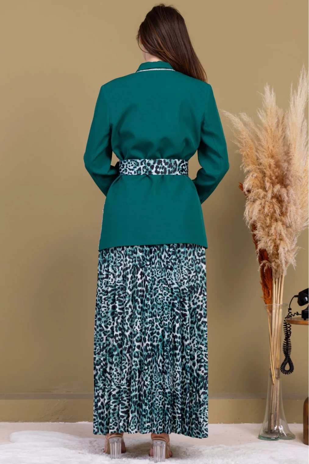 Leopar Desenli Ceketli Üçlü Takım 4715-Zümrüt Yeşili